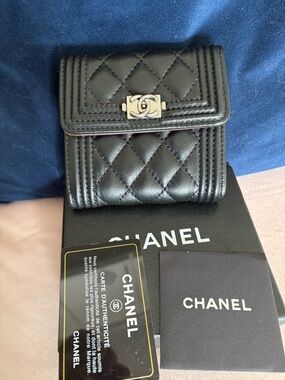 NEW CHANEL Black Quilted Leather Small Tri-fold Wallet with silver CC hardware